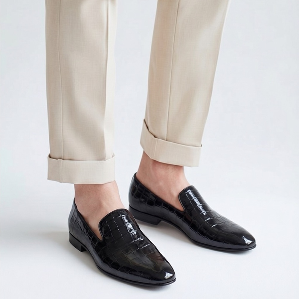 Versace Croc-Embossed Calfskin Smoking Slippers – Made in Italy